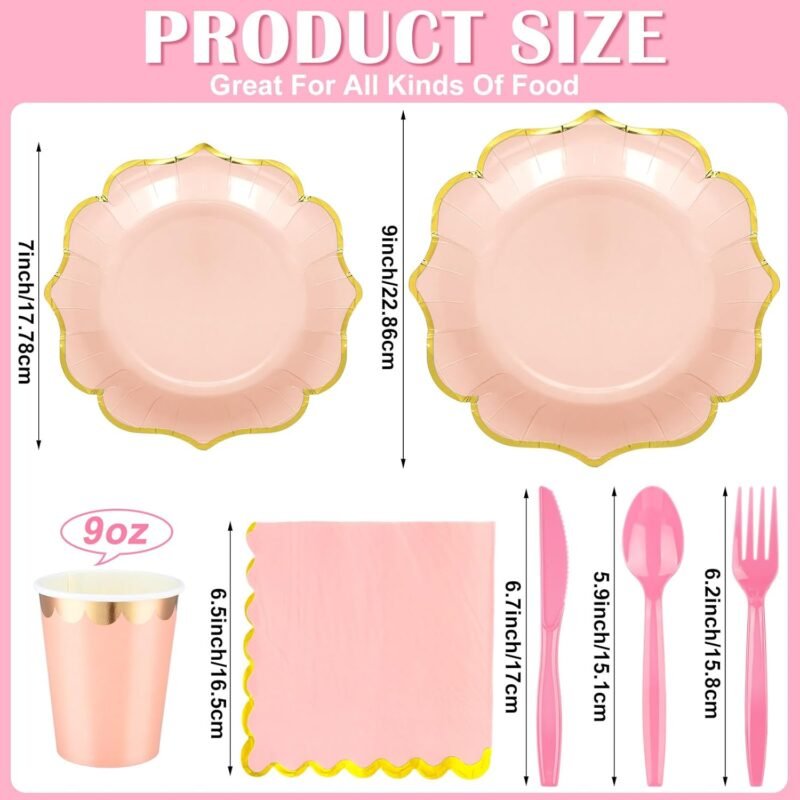 Yaomiao 168 Pcs Disposable Dinnerware Set Party Supplies, Scalloped Paper Plates Cups Napkin with Gold Foil Plastic Forks Knives Spoons Serve 24 Guests for Birthday Baby Shower (Multicolor,Irregular) - Image 2