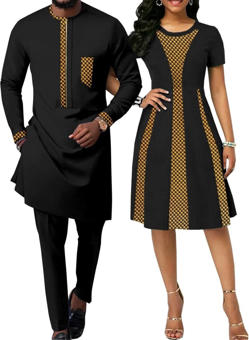 African Attire for Couple Women Print Wax Crew Neck Dress with Men Dashiki Long Vest Shirt and Pants Sets