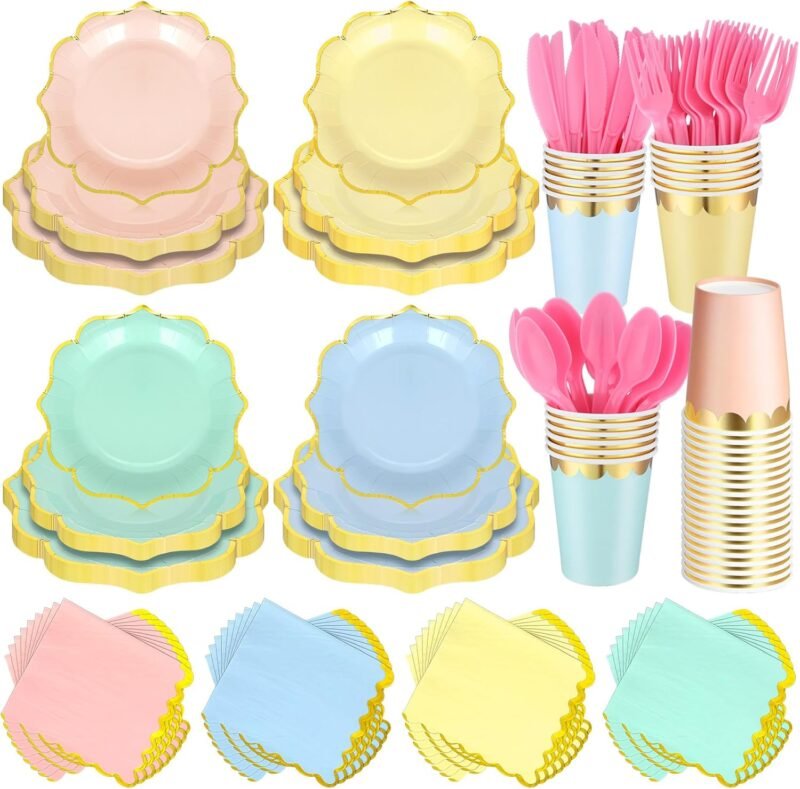 Yaomiao 168 Pcs Disposable Dinnerware Set Party Supplies, Scalloped Paper Plates Cups Napkin with Gold Foil Plastic Forks Knives Spoons Serve 24 Guests for Birthday Baby Shower (Multicolor,Irregular)