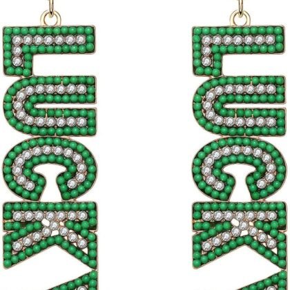 ANGLESJELL St.Patrick’s Day Earrings Green Shamrock Earring for Women Glitter Rhinestone Letter LUCKY Earrings Irish Holiday Jewelry Gifts