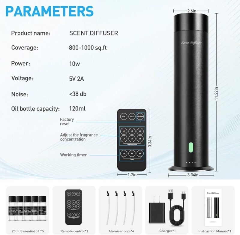 Waterless Scent Diffuser Starter Kit - 1000 Sq Ft Coverage, Hotel Scent Diffuser, Essential Oil Diffuser Large Room, Included 5 Scent Oils, Remote Control, Black, 11.20In - Image 7
