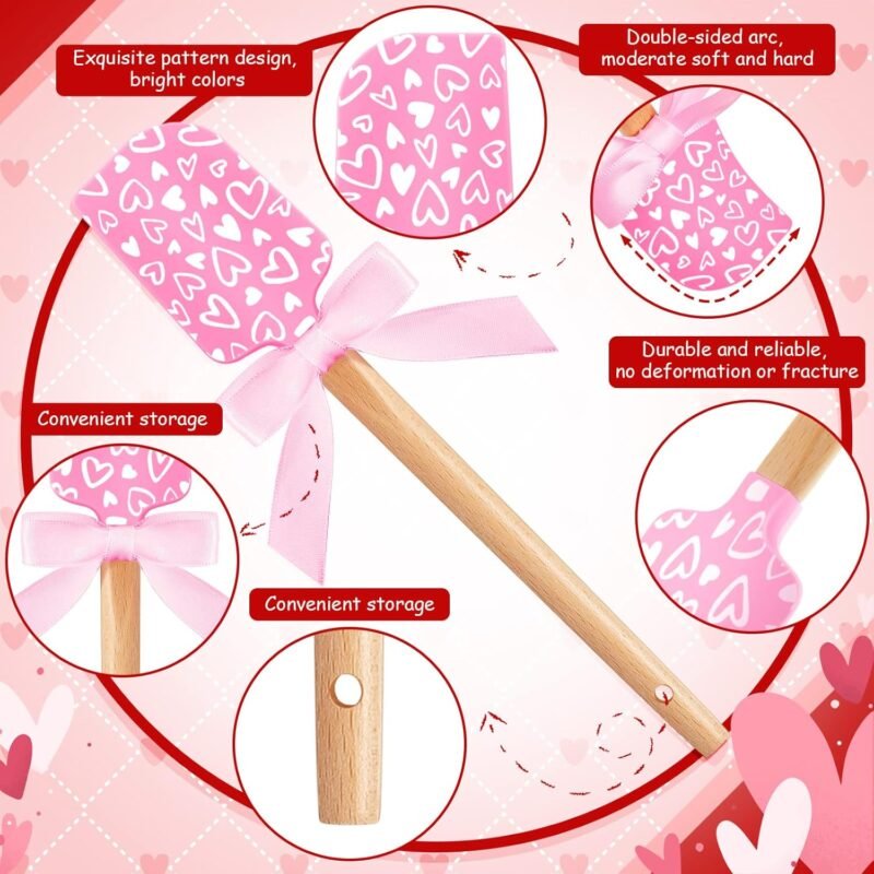 3 Pcs Valentine's Day Silicone Spatulas with Wooden Handles Valentine Pattern Heat Resistant Baking Silicone Spatulas with Pink Satin Ribbon Bows for Baking, Cooking and Sauteing - Image 3