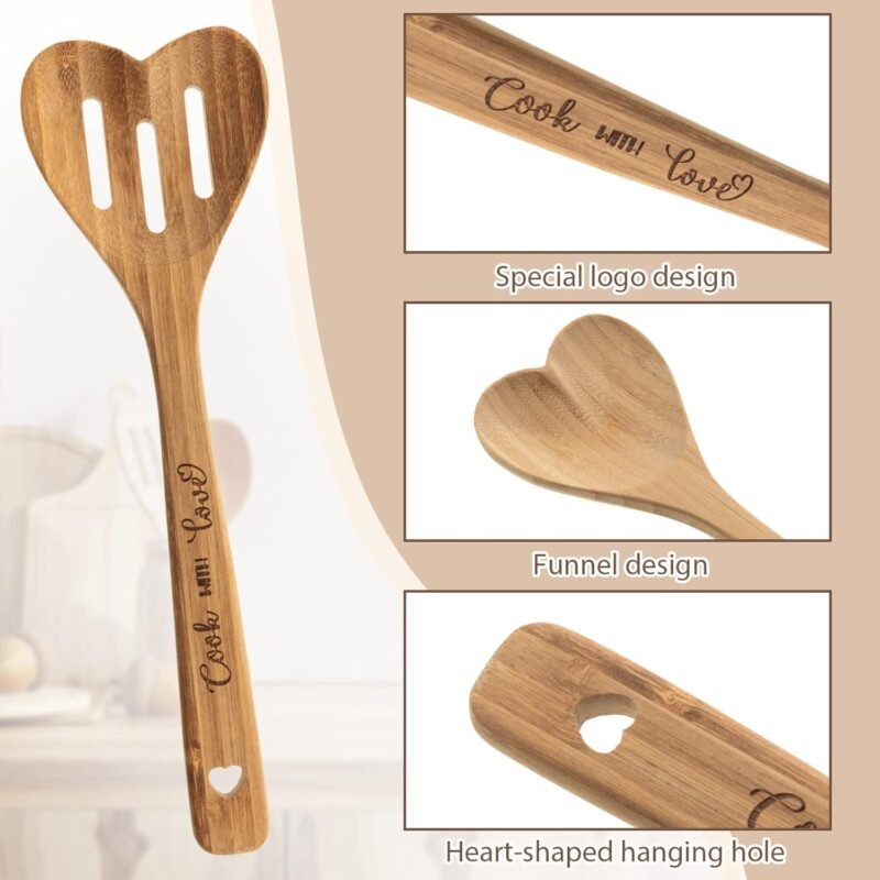 3 Pcs Valentine's Day Bamboo Heart Spoons Heart Shaped Spoons Kitchenware Engraved Heart Shaped Bamboo Wooden Spoons for Kitchen Gifts Serving Stirring Baking Mom Wife Weddings Kitchen Hostess - Image 3