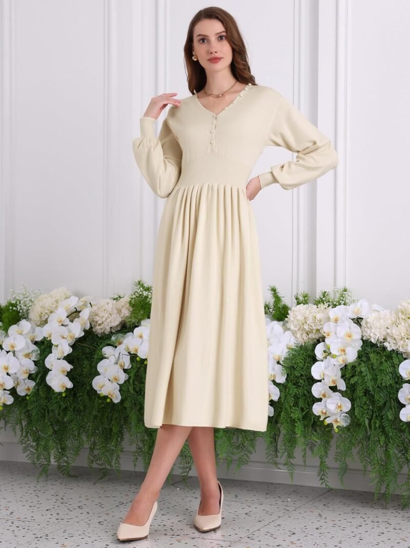 Women's A-Line Sweater Dress 2025 V Neck Long Sleeve Ribbed Knit Dresses - Image 2