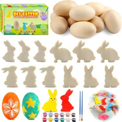 Easter Egg Painting Kit, 24pcs Wooden Eggs and Bunny for Easter Crafts Basket Stuffers Gifts for Kids Toddlers Boys Girls Ages 4-8 8-12 Birthday Party Favors Classroom Prizes DIY Decor