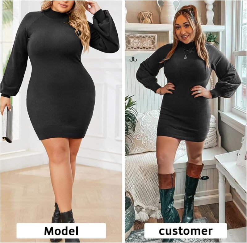 Byinns Women's Plus Size Mock Neck Ribbed Long Sleeve Bodycon Pullover Cute Mini Sweater Dress - Image 3