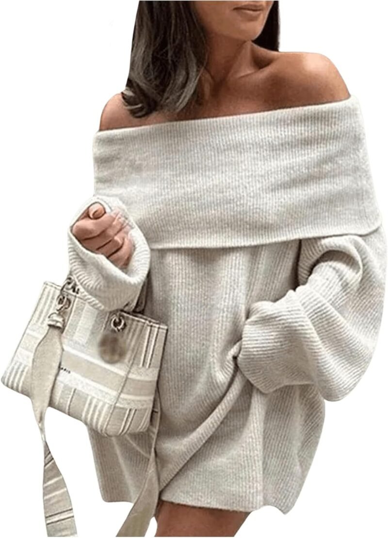 SHENHE Women's Off Shoulder Mini Sweater Dress Long Sleeve Ribbed Loose Pullover Dress