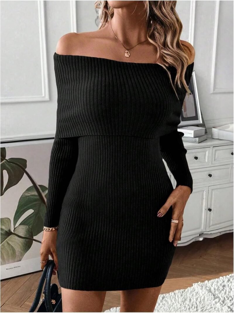 MakeMeChic Women's Off Shoulder Sweater Dress Long Sleeve Bodycon Slim Fit Rib Knitted Short Dresses - Image 3