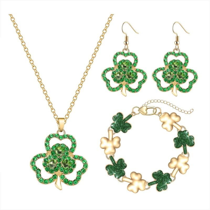 St. Patrick's Day Jewelry Set Crystal Glitter Shamrock Hat Necklace Earrings Bracelet Funny Irish Green Lucky Clover Dangle Earrings Pendant Necklace Bracelet for Women Jewelry Gifts