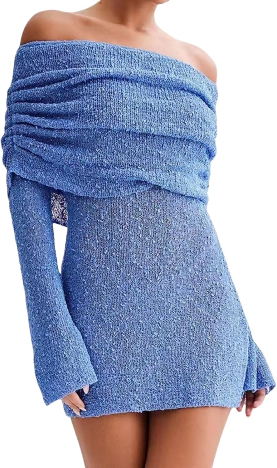 Women's Sexy Off Shoulder Knit Sweater Mini Dress Long Sleeve Mesh Sheer Bodycon Dresses for Party Club