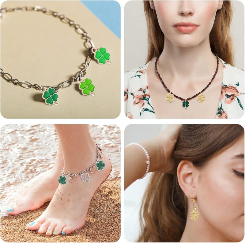 56 Pcs St. Patrick's Day Craft Supplies Lucky Four Leaf Clover Charms Pendants DIY Bracelet Charms 8 Sequins 16 Silver Hollow 16 Gold Hollow 16 Shamrock St. Patrick's Day Pendants - Image 5