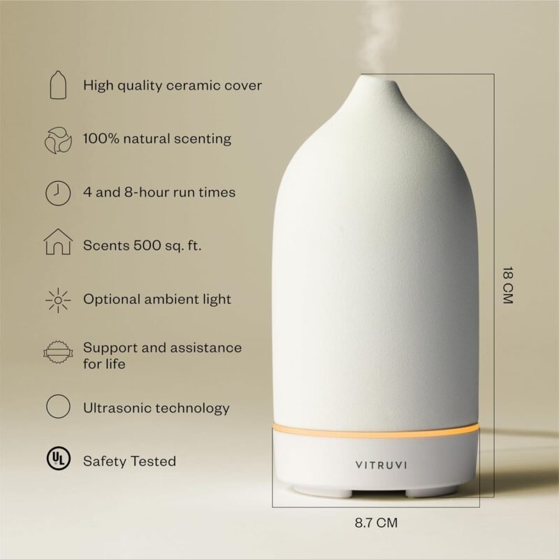 Vitruvi Stone Diffuser, Ceramic Ultrasonic Essential Oil Diffuser for Aromatherapy | Ceramic Diffuser, Diffusers for Home, Oil Diffuser, Housewarming Gift | White, 90ml Capacity - Image 2