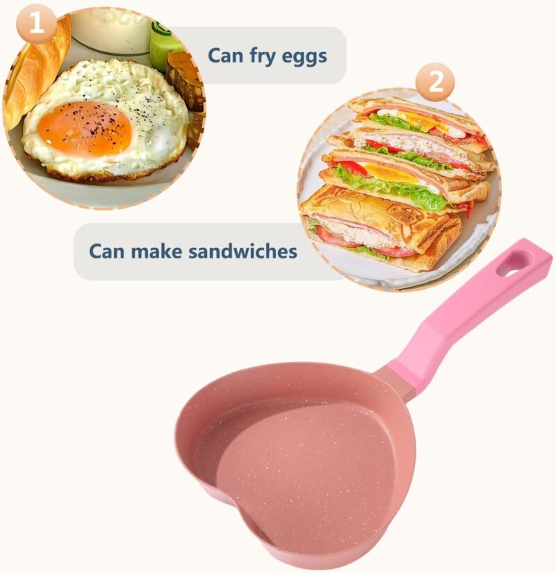 Mini Nonstick Egg Pan, Small Frying Pan with Unique Heart-shaped, One Egg Frying Pan with Granite Coating, Multi-functional Frying Pan for Cooking Eggs, Pancake, Sausages and Burgers, Pink - Image 3