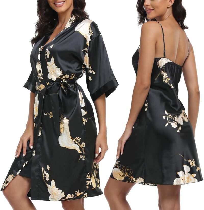 Women's Satin Robe Sets 2 Piece Nightgown Silk Pajama Sexy Floral Lingerie Lace Cami Sleepwear Night Robes - Image 2