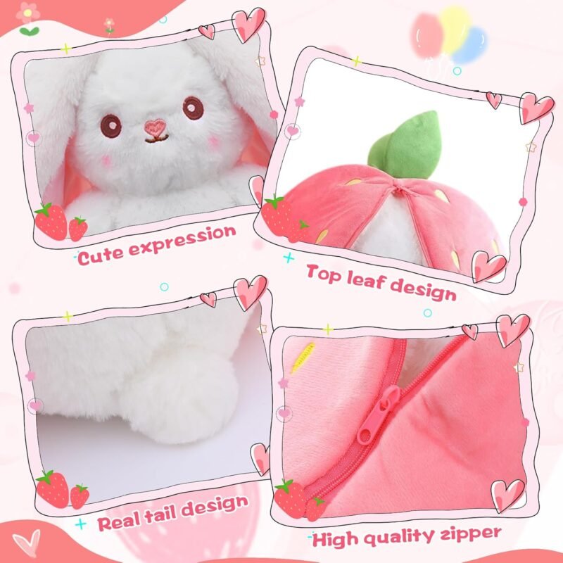 MIAODAM Bunny Stuffed Animal Reversible Cuddle Bunny Stuffed,Strawberry Bunny Transformed Rabbit Plush Zipper,Carrot That Turns Into Ears Bunnies Plushies Toy Cute Stuffy Doll Easter Girlfriend Gift - Image 5