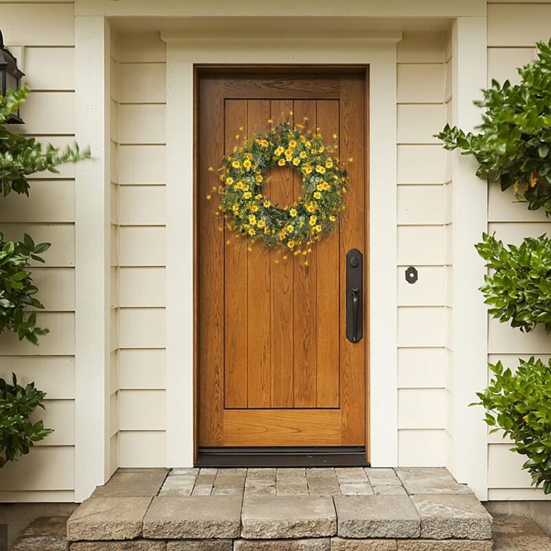 Sggvecsy Yellow Daisy Wreath 24 Inch Spring Summer Wreath Fake Silk Floral Wreath with Green Eucalyptus Leaves and Lavender for Front Door Window Wall Wedding Farmhouse Festival Decor - Image 2