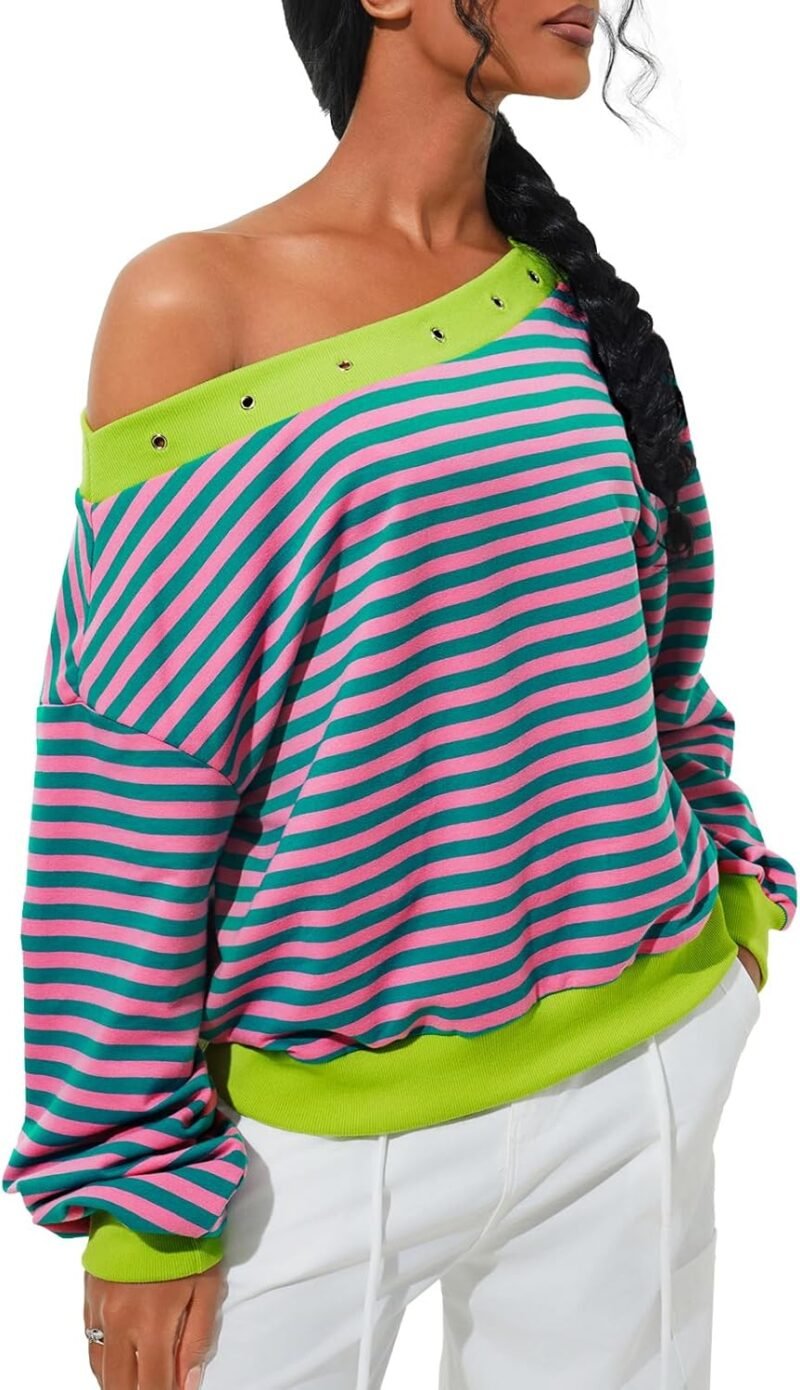 FAIRY SEASON Women's Off The Shoulder Sweatshirts Y2k Color Block Striped Long Sleeve Shirt Cropped Crewneck Pullover Tops