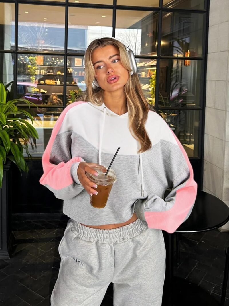 FAIRY SEASON Women Cropped Hoodies Long Sleeve Oversized Hooded Sweatshirt Color Block Crop Top Shirt Y2K Workout Pullover - Image 5