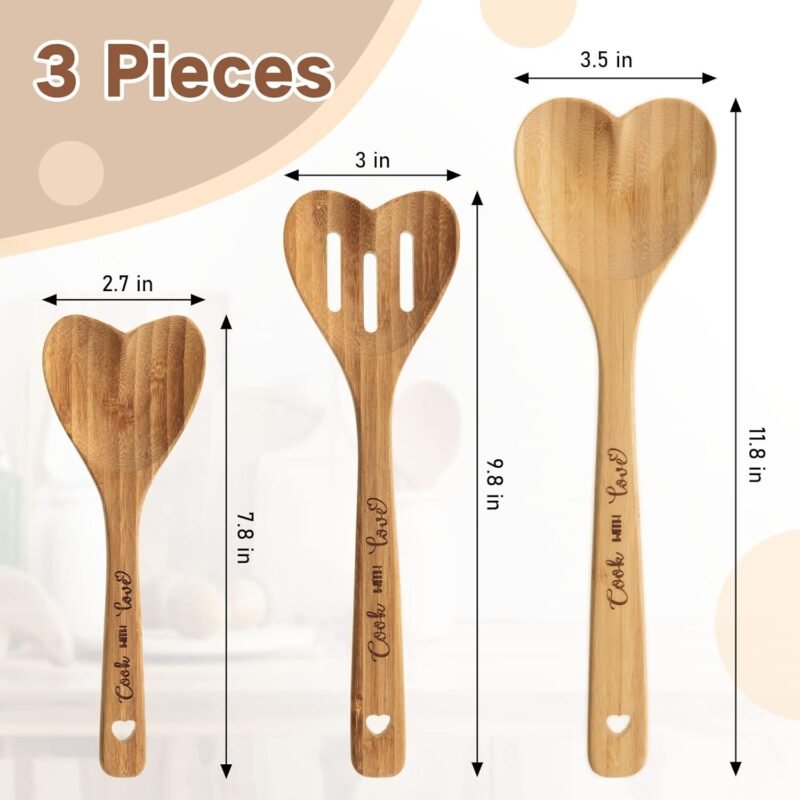 3 Pcs Valentine's Day Bamboo Heart Spoons Heart Shaped Spoons Kitchenware Engraved Heart Shaped Bamboo Wooden Spoons for Kitchen Gifts Serving Stirring Baking Mom Wife Weddings Kitchen Hostess - Image 2