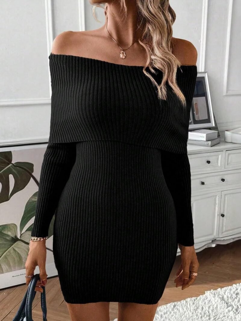 MakeMeChic Women's Off Shoulder Sweater Dress Long Sleeve Bodycon Slim Fit Rib Knitted Short Dresses - Image 4