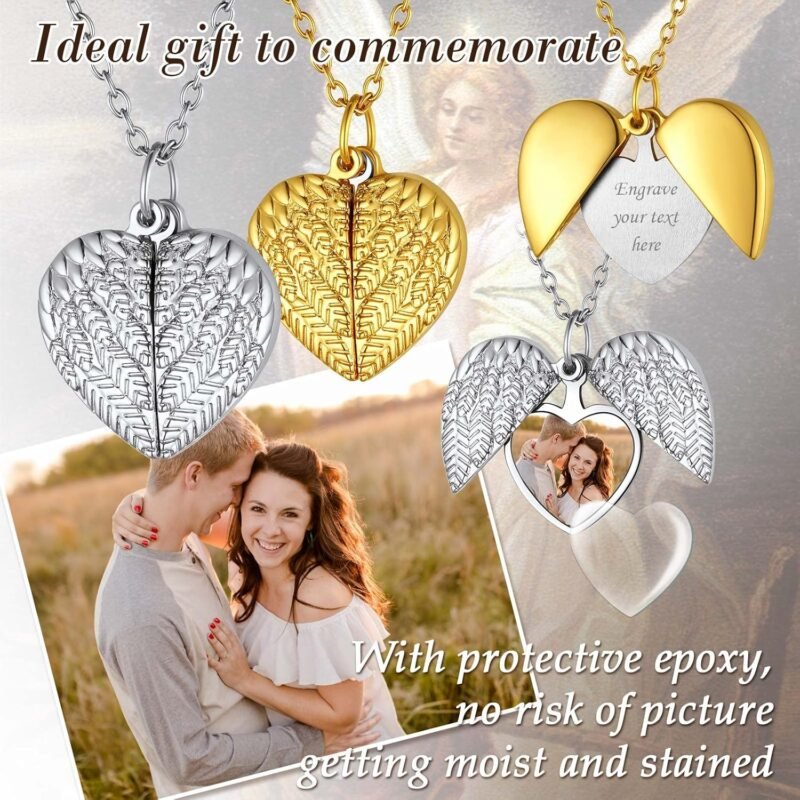 FindChic Personalized Heart Photo Angel Wings Locket Necklace Sterling Silver/Stainless Steel/18K Gold Plated Dainty Custom Full Color Picture Pendant Memorial Jewelry Gift for Girls Family + Gift Box - Image 5