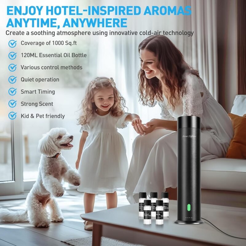 Waterless Scent Diffuser Starter Kit - 1000 Sq Ft Coverage, Hotel Scent Diffuser, Essential Oil Diffuser Large Room, Included 5 Scent Oils, Remote Control, Black, 11.20In - Image 2