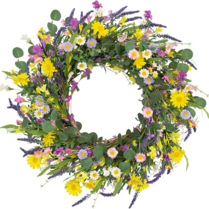 J'FLORU Spring Wreaths for Front Door 22 Inch Artificial Summer Wreath Daisy and Lavender Wreath with Wildflowers for Home Wall Farmhouse Springtime Easter Holiday Party