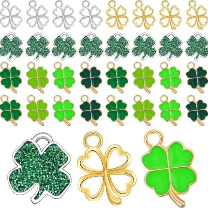 56 Pcs St. Patrick's Day Craft Supplies Lucky Four Leaf Clover Charms Pendants DIY Bracelet Charms 8 Sequins 16 Silver Hollow 16 Gold Hollow 16 Shamrock St. Patrick's Day Pendants