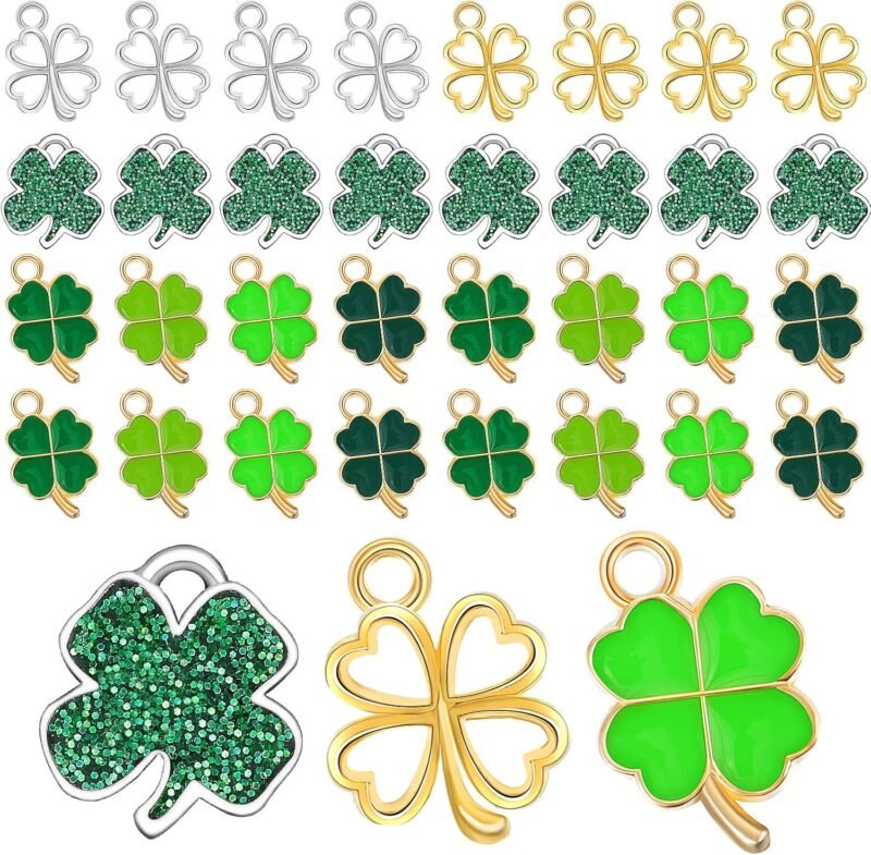 56 Pcs St. Patrick's Day Craft Supplies Lucky Four Leaf Clover Charms Pendants DIY Bracelet Charms 8 Sequins 16 Silver Hollow 16 Gold Hollow 16 Shamrock St. Patrick's Day Pendants