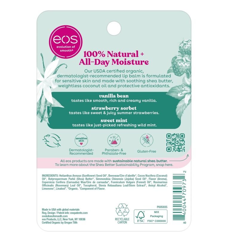 eos 100% Natural & Organic Lip Balm Trio- Vanilla Bean, Sweet Mint, & Strawberry Sorbet, Made for Sensitive Skin, Lip Care Products, 0.14 oz, 3-Pack - Image 8