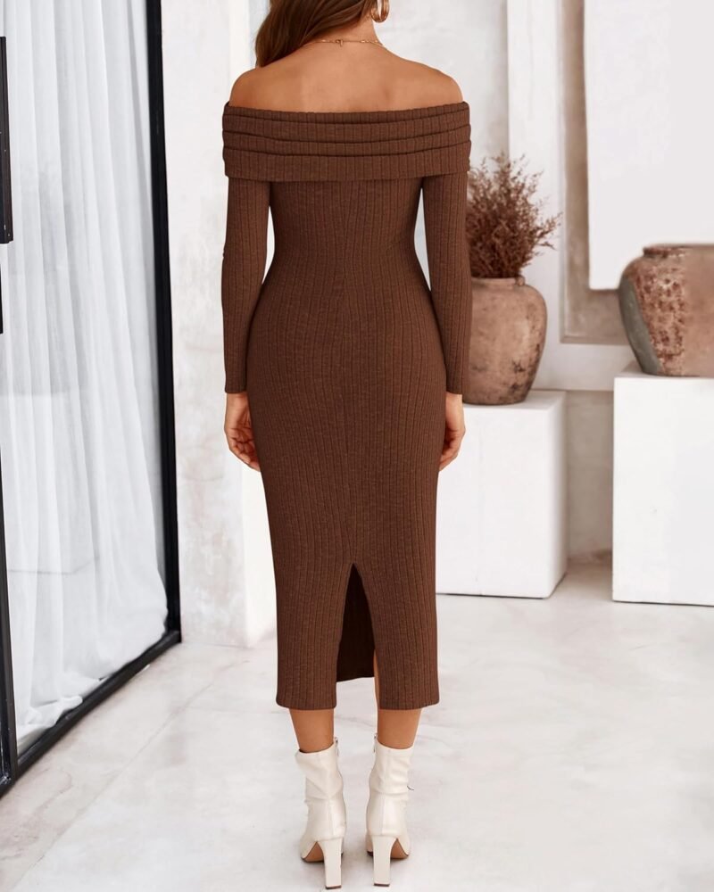 PRETTYGARDEN Women's Fall Dresses 2025 Sexy Off Shoulder Long Sleeve Bodycon Ribbed Knit Club Wedding Pencil Midi Dress - Image 5