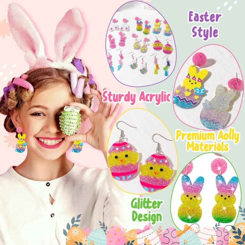 Y1tvei Easter Earrings for Women - 9Pairs Cute Bunny Easter Egg Shaped Sparkly Glitter Drop Dangle Earring Variety Pack Lightweight Cartoon Ear Decoration Holiday Jewelry Funny Easter Accessories Gift - Image 3