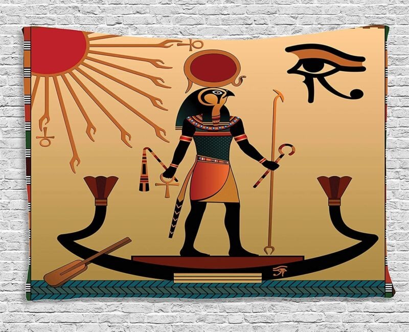 Ambesonne Egyptian Print Tapestry, Sun Old Egyptian Timeless Grace Antique Tradition Illustration, Wide Wall Hanging for Bedroom Living Room Dorm, 80" X 60", Cream Red