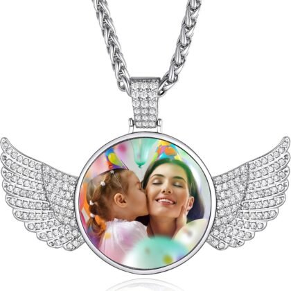 Custom4U Picture Necklace Personalized Photo for Men Women Steel/18K Gold Plated/Black Custom Angel Wings/Heart Pendant Necklace with Picture Memory Iced Out Chain 18-30 Inch,Hip Hop Jewelry+Gift Box