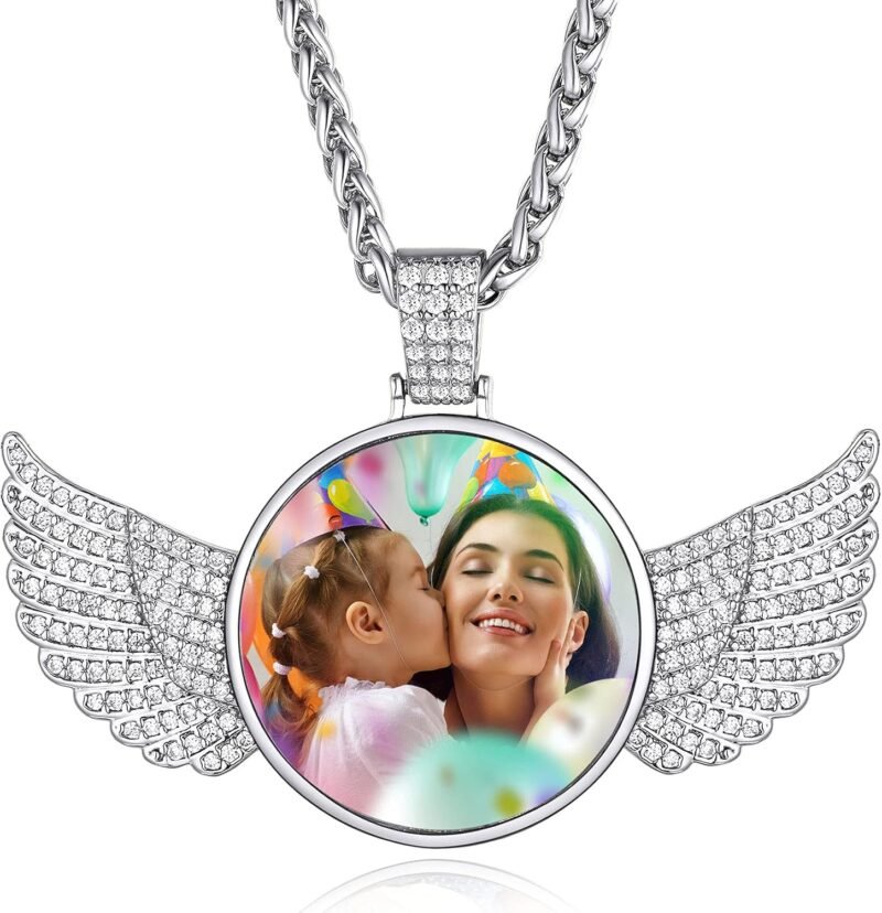 Custom4U Picture Necklace Personalized Photo for Men Women Steel/18K Gold Plated/Black Custom Angel Wings/Heart Pendant Necklace with Picture Memory Iced Out Chain 18-30 Inch,Hip Hop Jewelry+Gift Box