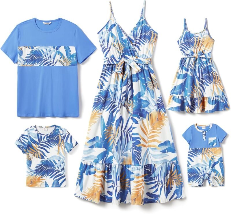 PATPAT Family Matching Outfits Mommy and Me Dresses Spaghetti Sleeveless Summer Vacation Hawaiian Dress and T-Shirts Sets