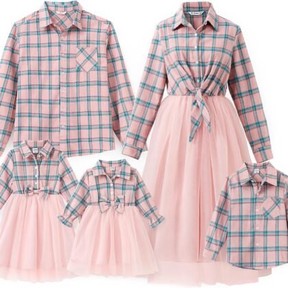 PATPAT Matching Family Outfits Mommy and Me Dresses: Long Sleeve Lace Plaid Dress Tulle Shirt Dresses