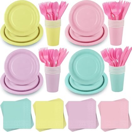 durony 192 Pcs Pastel Party Supplies Paper Plates Cups Napkins Macaron Color Pink Cutlery Plastic Forks Knives Spoons Disposable Tableware for Birthday Baby Shower Wedding Decorations Serve 24 Guests