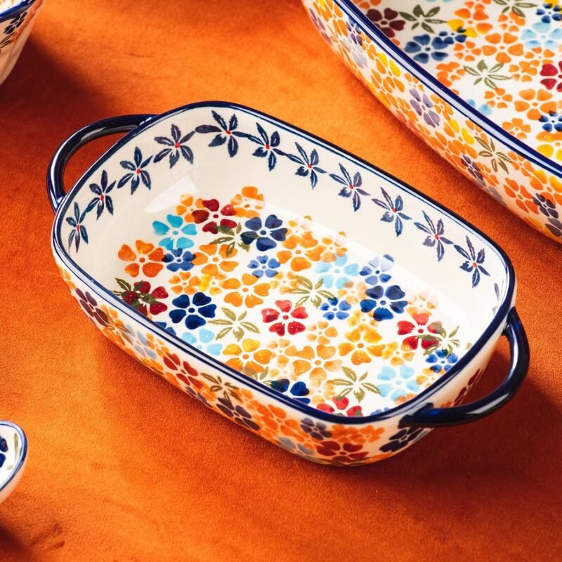 Retro pastoral style Ceramic Baking Dish Rectangular Bakeware Set Baking Pan, 2-piece Hand-painted Porcelain Baking pan with handle, Casserole Dish for Oven/Cooking/Kitchen (Colorful Flower) - Image 8
