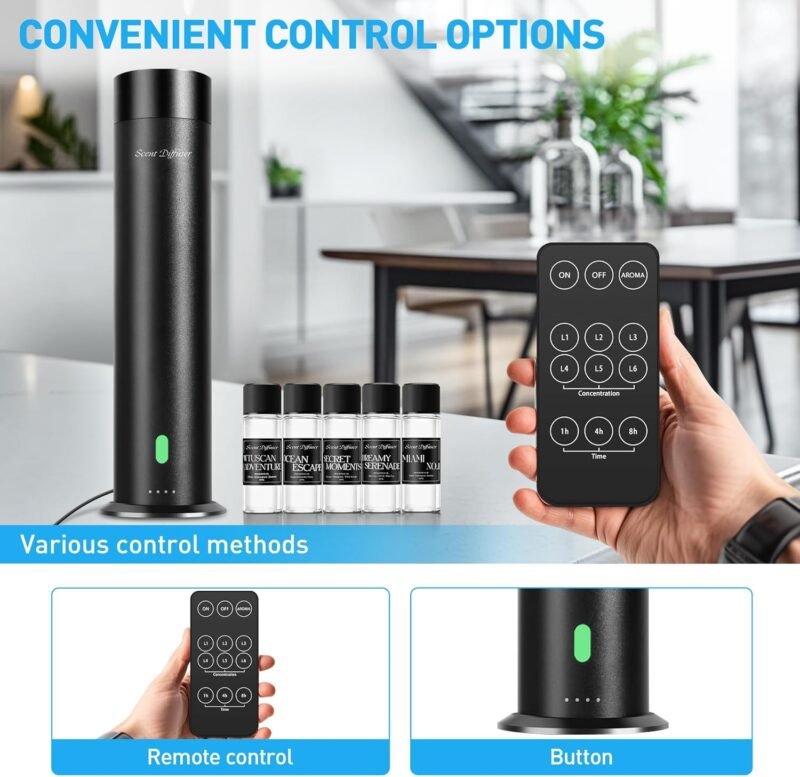 Waterless Scent Diffuser Starter Kit - 1000 Sq Ft Coverage, Hotel Scent Diffuser, Essential Oil Diffuser Large Room, Included 5 Scent Oils, Remote Control, Black, 11.20In - Image 4