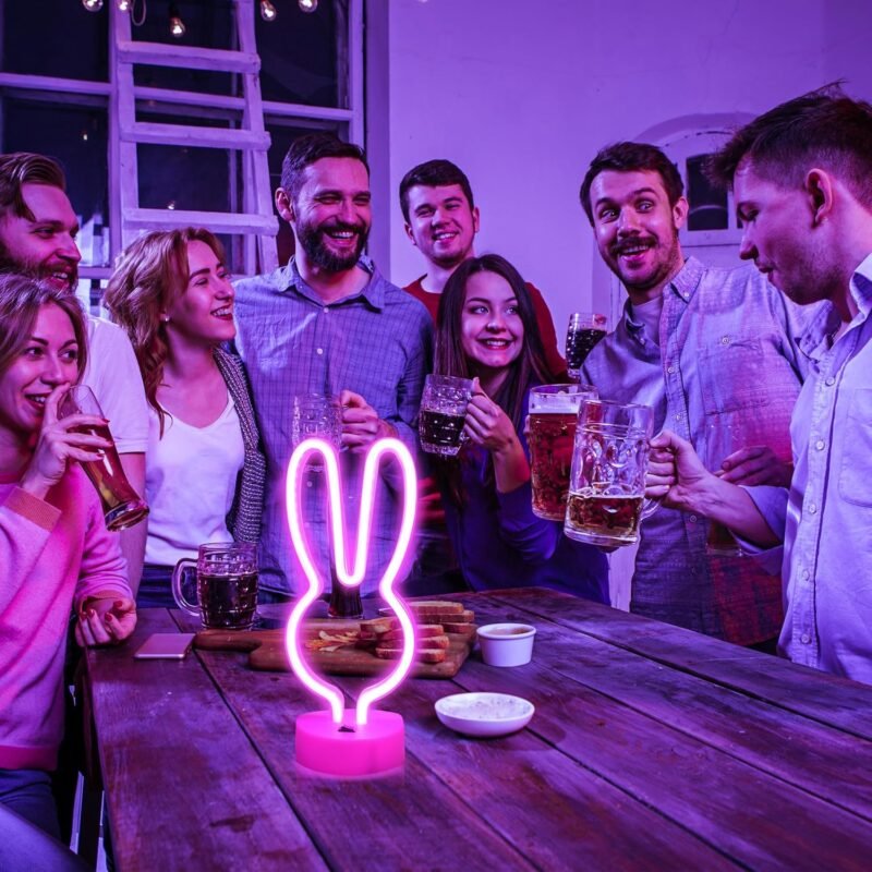 BAILEY Rabbit Ears Neon Sign,Easter Bunny Rabbit LED Lights with Holder Base,USB or 3-AA Battery Powered Neon Light of Business Premises for Christmas Easter Party Holiday Night Bedroom Gifts (Pink) - Image 6