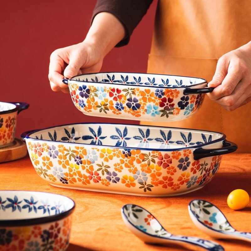 Retro pastoral style Ceramic Baking Dish Rectangular Bakeware Set Baking Pan, 2-piece Hand-painted Porcelain Baking pan with handle, Casserole Dish for Oven/Cooking/Kitchen (Colorful Flower) - Image 7