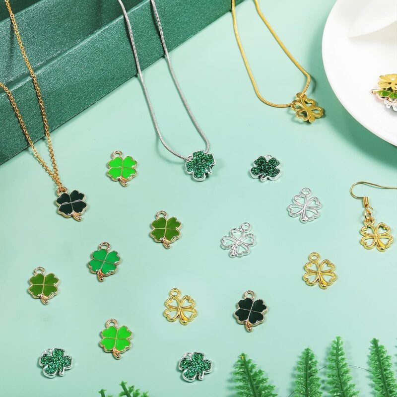 56 Pcs St. Patrick's Day Craft Supplies Lucky Four Leaf Clover Charms Pendants DIY Bracelet Charms 8 Sequins 16 Silver Hollow 16 Gold Hollow 16 Shamrock St. Patrick's Day Pendants - Image 3
