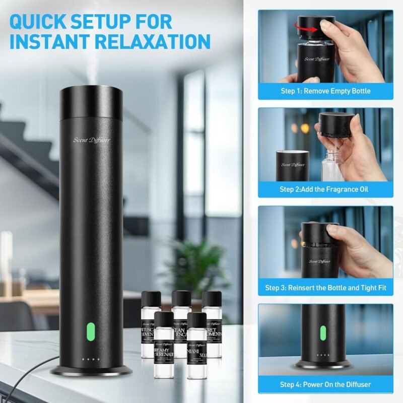 Waterless Scent Diffuser Starter Kit - 1000 Sq Ft Coverage, Hotel Scent Diffuser, Essential Oil Diffuser Large Room, Included 5 Scent Oils, Remote Control, Black, 11.20In - Image 5