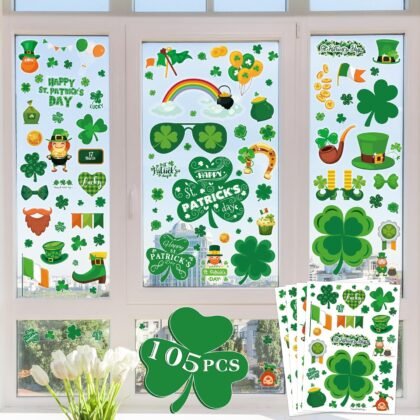 St Patricks Day Decorations - 105 PCS St Patricks Day Window Clings - Shamrock Stickers for Glass Reusable Static Spring Shamrock Decorations | St Patricks Day Decor