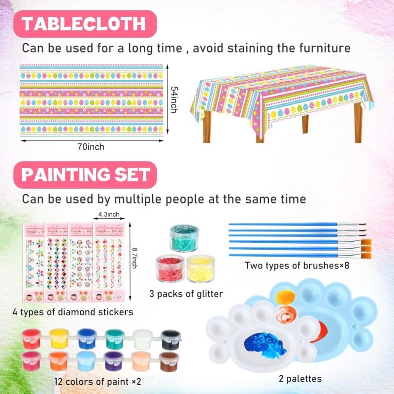 Silipull 38 Pcs DIY Easter Egg Painting Kit Easter Basket Stuffers Include Wooden Hanging Eggs Tablecloth Pigment Palette Brushes Sticker Tray for Holiday Party Supplies Gift Decorating Kit - Image 3