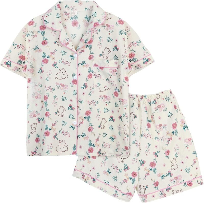 Arssm Floral Pajama Set Women Cute Kawaii 2 Piece Matching Pj Set Aesthetic Short Sleeve Sleeping Loungewear
