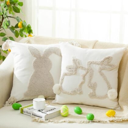 2 Pack 18 x 18 Inch Happy Easter Throw Pillow Covers Bunny Rabbit Throw Pillowcase for Spring Easter Home Sofa Couch Bedroom and Outdoor Porch Decor