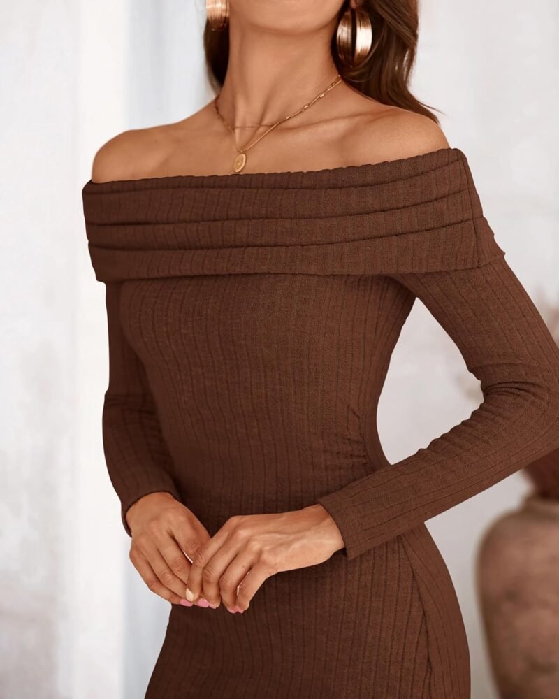 PRETTYGARDEN Women's Fall Dresses 2025 Sexy Off Shoulder Long Sleeve Bodycon Ribbed Knit Club Wedding Pencil Midi Dress - Image 4