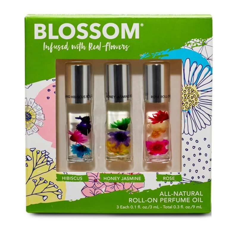 Blossom Roll on Perfume for Women Alcohol Free Rollerball Perfume Oil with Essential Oils, Infused with Real Flowers, Made in USA, 0.3oz, 3 pack Mini Gift Set, Hibiscus/Honey Jasmine/Rose
